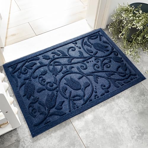 Boho Blue Floral Leaves Outdoor Indoor Entrance Doormats, Absorbent Durable Heavy Duty Welcome Front Door Mat,Thick Natural Rubber Back,Easy Clean Entryway Mat 23x35 Inch, Low Profile - color: Tulip-blue, size: 1'11" x 2'11" (Rectangular)