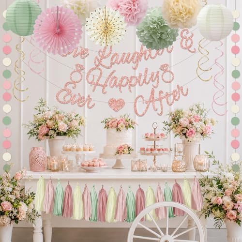 Bridal Shower Decorations,Sage Green Pink Bridal Shower Decorations Includes Love Laughter Happily Ever After Decorations Paper Flower Ball Wedding Decorations for Home Party Bachelorette Party - style: Pink