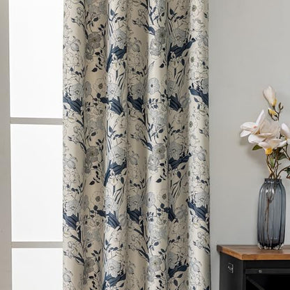 SUOUO Grey Blue Floral Blackout Curtains 84 Inches 2 Panels Grommet-Top - color: Grey-blue, size: 52"W x 84"L (Pack of 2)