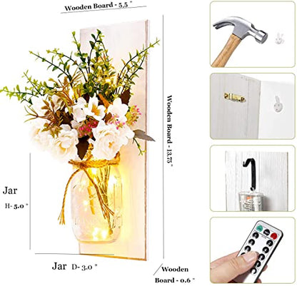 Rustic Wall Sconces Mason Jar Sconces with Remote Control LED Fairy Lights - color: Peony+white Board