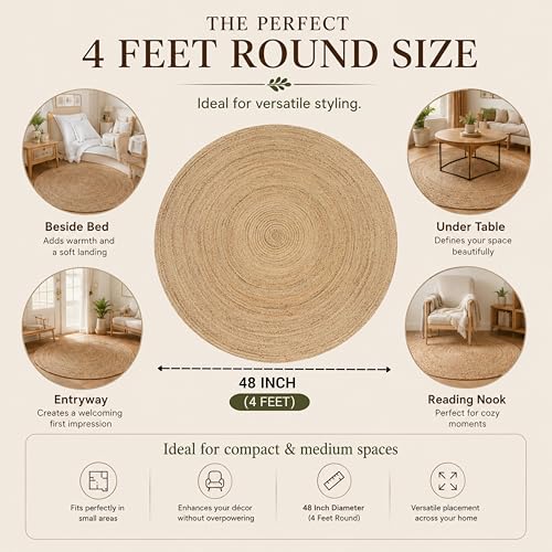 THE BEER VALLEY Jute Braided Area Rug, Natural, 4 Feet Round - color: Natural, size: 4' (Round)