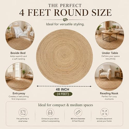 THE BEER VALLEY Jute Braided Area Rug, Natural, 4 Feet Round - color: Natural, size: 4' (Round)