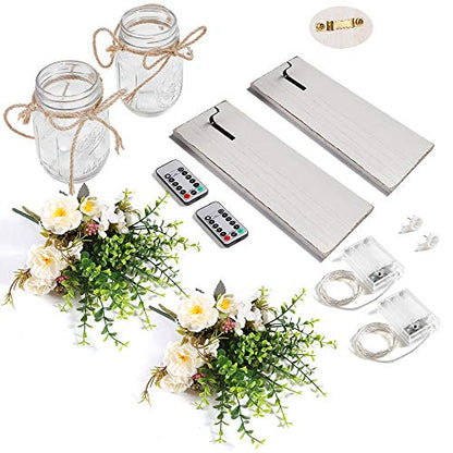 Rustic Wall Sconces Mason Jar Sconces with Remote Control LED Fairy Lights - color: Peony+white Board