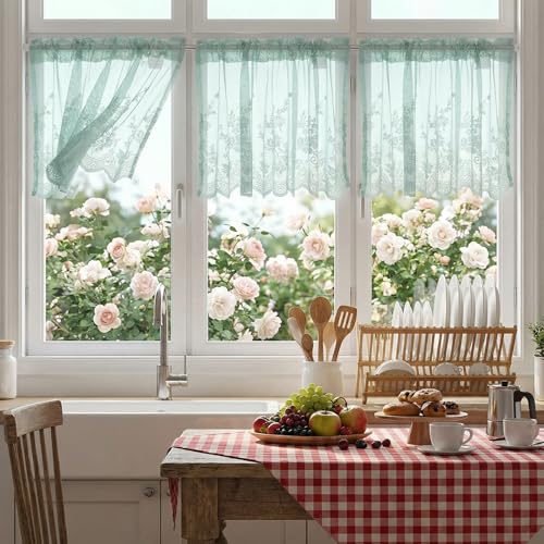 Molaxhome Kitchen Curtains Valance Blue Lace Floral Semi Sheer Curtain - color: Blue-green, size: 29"W x 24"L (Pack of 1)
