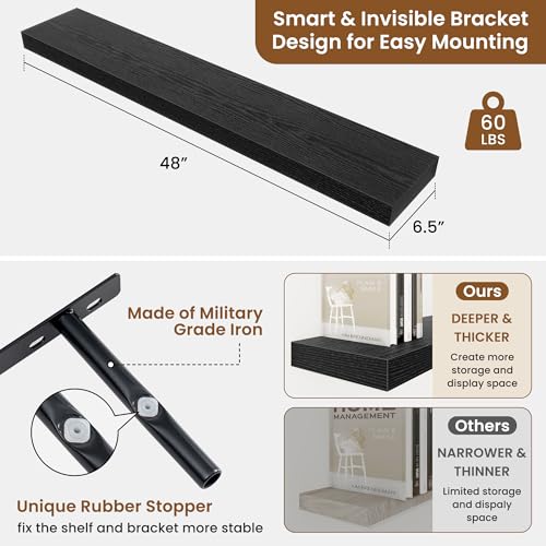 Floating Shelves for Wall, Wall Mounted Wood Shelves, Black, Set of 2, 48in - color: Black, size: 48"W x 6.5"D , 2 Pack