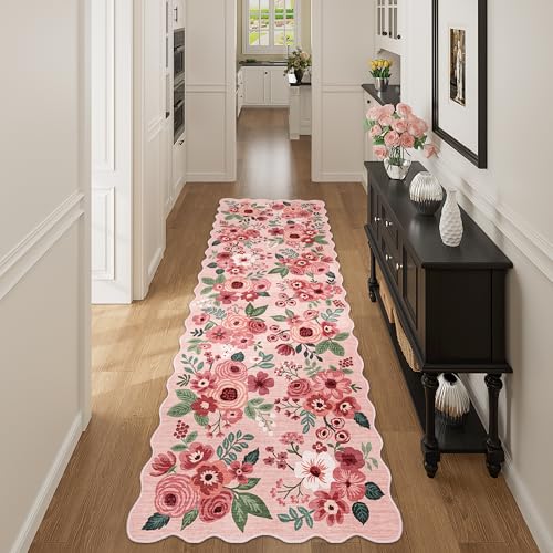 DUKINO 2.6x8 Runner Rug, Floral Washable Kitchen Rugs Non Slip, Pink - color: Pink (Big), size: 2'6" x 8' (Rectangular)