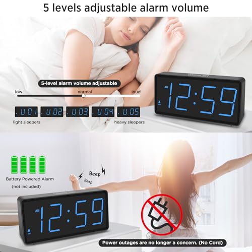 Peakeep Battery Operated Digital Alarm Clock for Bedrooms Big Numbers - color: Blue Digits