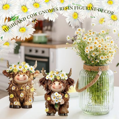 2 Pcs Highland Cow Figurines Decor, Daisy Flower Style - style: Daisy Flower