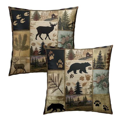 Giwawa Black Bear Deer Throw Pillow Covers 16x16 Set of 2 Forest Cabin Pillow Cases Cotton Cushion Case for Sofa Couch Car Living Room Decoration - color: Black Bear Deer, size: 16" x 16" (Pack of 2)