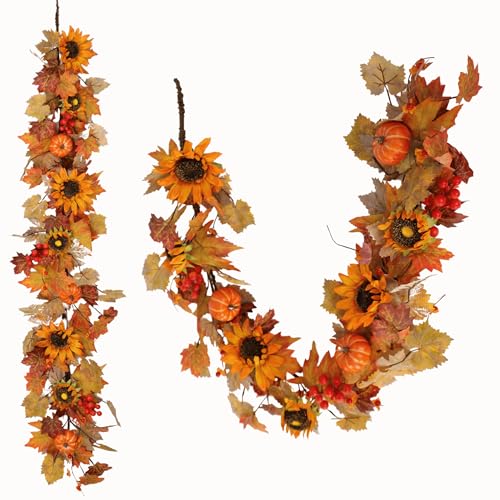 60 Inch Fall Garland (5 Ft) with Sunflowers and Pumpkins, Artificial Autumn Harvest Garland with Maple Leaves & Berries for Mantel Thanksgiving Home Decor Indoor Outdoor