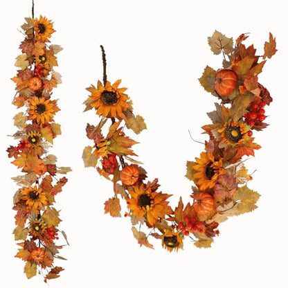 60 Inch Fall Garland (5 Ft) with Sunflowers and Pumpkins, Artificial Autumn Harvest Garland with Maple Leaves & Berries for Mantel Thanksgiving Home Decor Indoor Outdoor