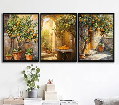 Orange Tree Framed Wall Art, 3 Piece Mediterranean Set, 12x16 Inch - color: Kumquat, size: 12x16 inch