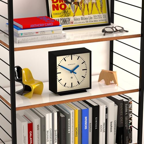 NEWGATE® Amp Desk Clock | Square Station Clock Design | Black case with Blue Hands | Modern Style for Desk, Table top, Mantel, Shelf or Bedside - color: Matt Black Case With Cream Dial (Blue)
