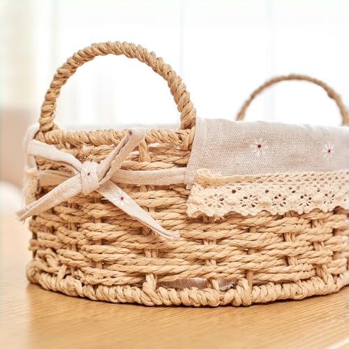 GIB Small Wicker Woven Storage Baskets for Organizing with Handle and Liner - color: Beige-Oval