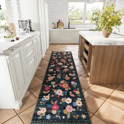 Washable Kitchen Rug Hallway Runner: 2x10 Runner Rug Non Slip Carpet Runner - color: Black Floral, size: 2' x 10' (Rectangular)