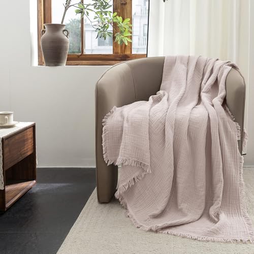 FOSSA Muslin Blanket 4-Layer 100% Cotton Gauze Blanket with Fringe 50"x70" - color: Greyish Pink, size: Throw XL (50" × 70")