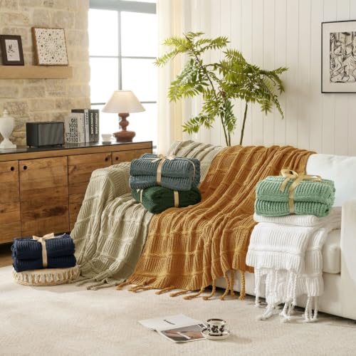 Boho Knitted Chenille Blanket with Tassels - Lightweight & Soft All-Season Throw - 3D Classic Pattern for Living Room Bedroom Couch, Amber Brown, Queen 90"x90" - color: Amber Brown, size: Queen