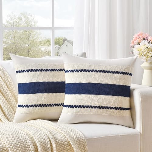 Fancy Homi Set of 2 Navy Blue Small Decorative Throw Pillow Covers 14x14 Inch for Couch Bed Sofa Living Room, Aesthetic Modern Organic Farmhouse Home Decor, Soft Cotton Woven Textured Cushion Case - color: Navy Blue, size: 14" x 14" (Pack of 2)
