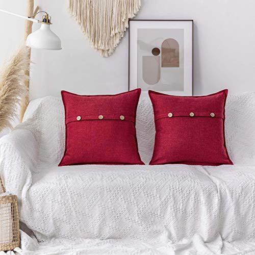 Home Brilliant Red Throw Pillows for Couch Farmhouse Rustic Accent Decorative Pillow Covers with Buttons for Sofa Bench Couch Living Room, 18x18 inches, Set of 2, Burgundy - color: Burgundy, size: 18" x 18" (Pack of 2)