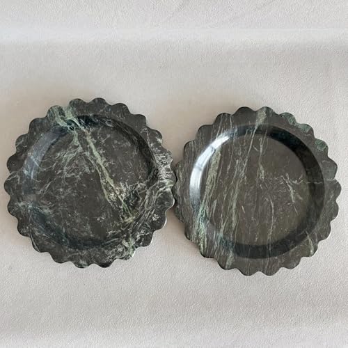 Travertine Marble Scalloped Tray Round Wave Tray Small Serving Platter for Counter, Bathroom, Kitchen, Nightstand, Jewelry Ring Dish Holder (White Dark Green) - color: White Dark Green
