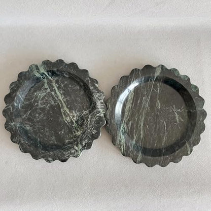 Travertine Marble Scalloped Tray Round Wave Tray Small Serving Platter for Counter, Bathroom, Kitchen, Nightstand, Jewelry Ring Dish Holder (White Dark Green) - color: White Dark Green