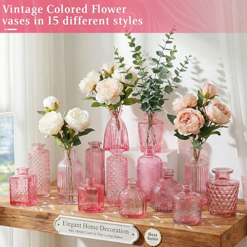 Set of 15 Pink Glass Bud Vases Small Textured Flower Vases - color: Pink
