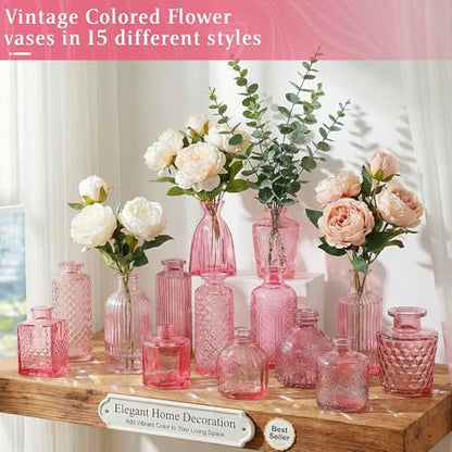 Set of 15 Pink Glass Bud Vases Small Textured Flower Vases - color: Pink