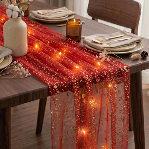 Artscope Lighted Red Gauze Table Runner,Glitter and Foil Table Decor for Weddings Anniversary Birthday and Holiday Party Decorations – 28" x 120" - color: Red