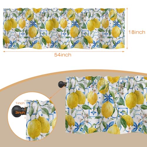 Curtain Valances,Hand Drawn Lemons and Blue Tiles Semi Sheer Kitchen Windows Valances,Rod Pocket Short Window Treatment Light Filtering Decor Valances for Kitchen Living Room Bedroom Windows - 54"x18" - color: Lemon Leaves Flowers, size: 18"W x 54"L (Pack