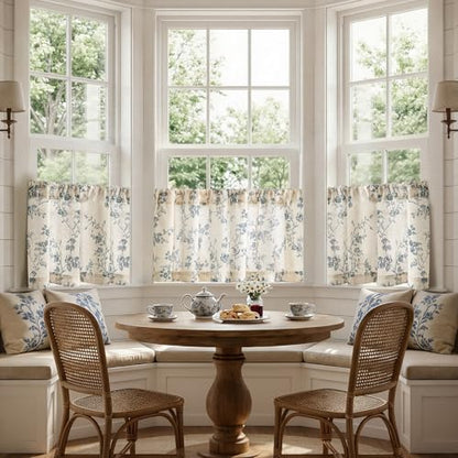 jinchan Floral Linen Kitchen Tier Curtains, 24 Inch, 2 Panels, Blue - color: Alisa Blue, size: 26"W x 24"L (Pack of 2)