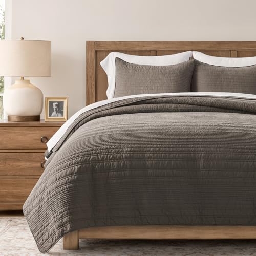 EVERGRACEHOME 100% Cotton Modern Lines Quilt Set Queen Size, Mushroom Brown - color: Mushroom Brown, size: Full/Queen (92" X 92")
