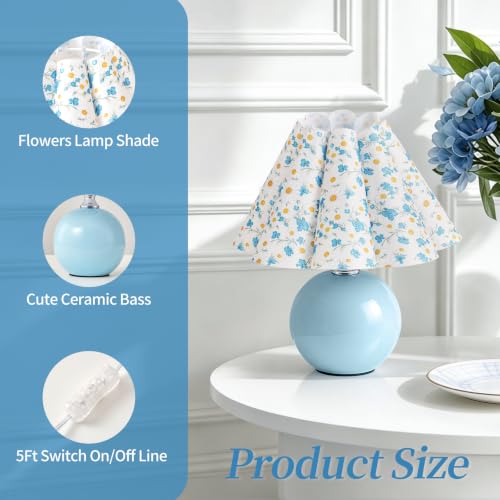 Blue Ceramic Small Table Lamp for Small Space, Cute Bedside Lamps Nightstand Mini Lamps, Scalloped Shade Lamp for Kitchen Counter, Bookshelf, Kids Dorm - color: Blue