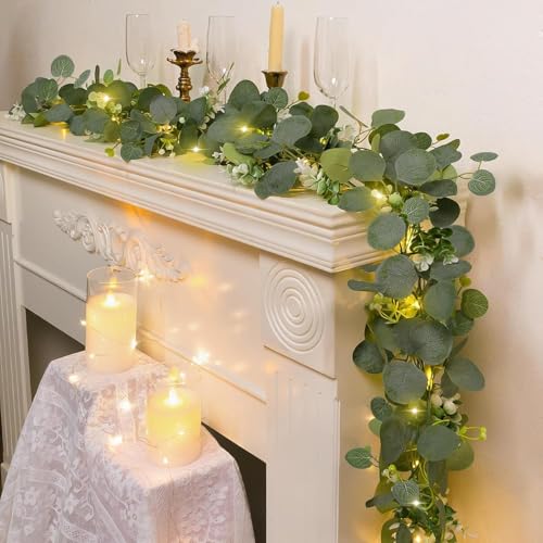 N&T NIETING 1 Pack Artificial Eucalyptus Garland with Lights, 6FT Artificial Greenery Summer Garlands, Battery Operated Twig Vine for Room Stairs Mantle Wedding Holiday Decoration Indoor Outdoor - size: 1