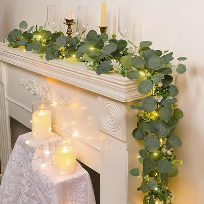 N&T NIETING 6 Pack Artificial Eucalyptus Garland with Lights, 6FT Artificial Greenery Summer Garlands, Battery Operated Twig Vine for Room Stairs Mantle Wedding Holiday Decoration Indoor Outdoor - size: 6