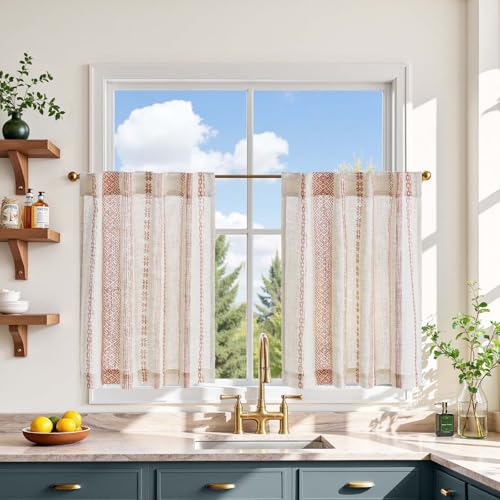 jinchan Liora Terracotta Linen Tier Curtains 24 Inches Back Tab 2 Panels - color: Liora | Terracotta on Linen, size: 26"W x 24"L (Pack of 2)