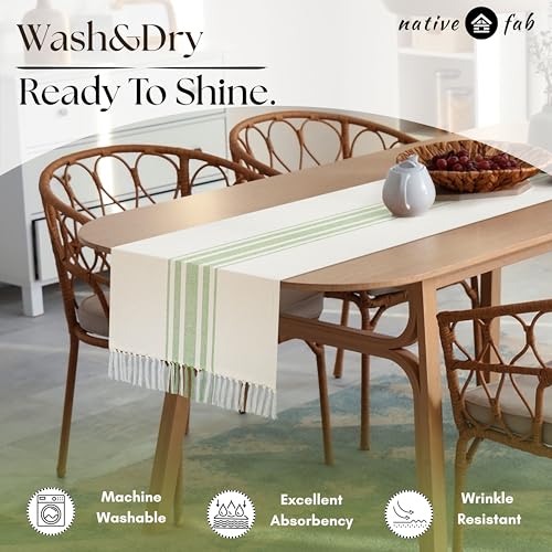 Native Fab Green Table Runner 90 Inches Long - Striped Table Cover with Fringes - 100% Cotton, Soft, Tight Weave, Non Slip Tablerunner for Dining, Dresser, Wedding - Mint Green White (14x90 inches) - color: Mint Green White, size: 14x90