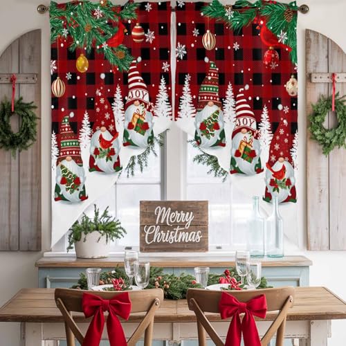 Christmas Swag Valances Kitchen Curtains 36 Inches Length,Red Black Plaid Tier Drapes Swag Topper,Winter Xmas Gnomes Pine Branches Snowflakes Short Window Treatments for Small Windows 2 Panels 28"x36" - color: Red Black Green, size: 28"W x 36"L (Pack of 2