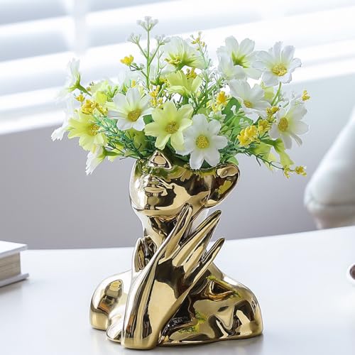 BrownLove Golden Ceramic Face Vase, Modern Golden Decorative Art Vase, Bookshelf Placed On The Desktop, Small Living Room, Office and Bedroom - style: Golden-Charming