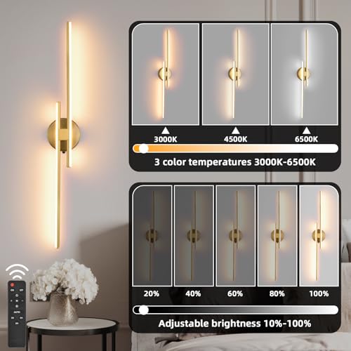 Battery Operated Wall Sconce Set of 2,Gold 31.4" 3000K-6500K LED Dimmable Wall Sconces with Remote Control,Wireless Wall Light USB Rechargeable for Bedroom Hallway Living Room Background Wall Lighting - color: Gold, size: 31.4" 2-Pack