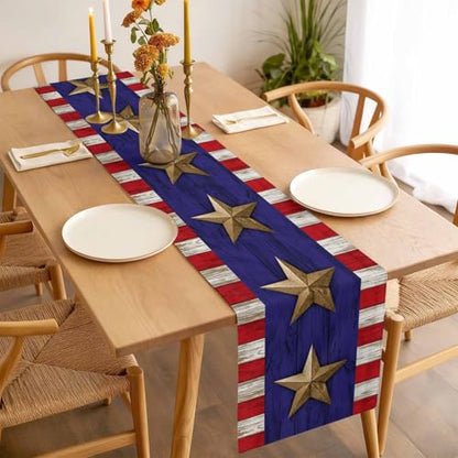 Independence Day Table Runner 36 Inches Long,American Flag Stripe Stars Retro Cotton Linen Table Runners Dresser Scarves,Blue Red Flag Tabletop Scarf Furniture Cover for Home Dinner Party 13"x36" - color: Blue Red, size: 13x36 Inches