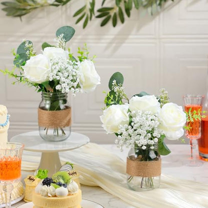 43 Pcs/ 6 Set White Rose Mason Jar Table Centerpiece Mason Jar Vases - size: Rose