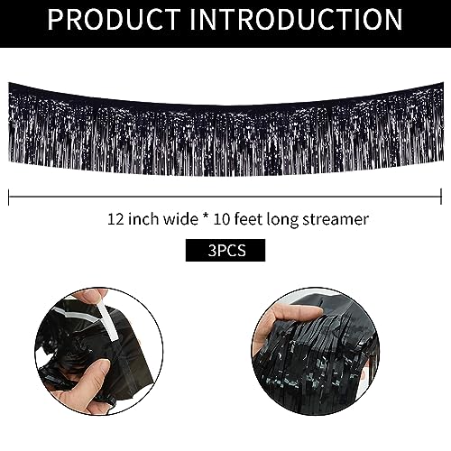 BEISHIDA Black Fringe Garland Banner 3Pack 30ft Wall Tinsel Foil Streamers - color: Black