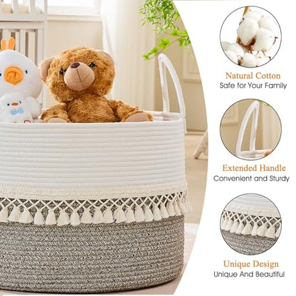 KAKAMAY Large Blanket Basket with Handles, Storage Basket for Living Room - color: Beige Fringe