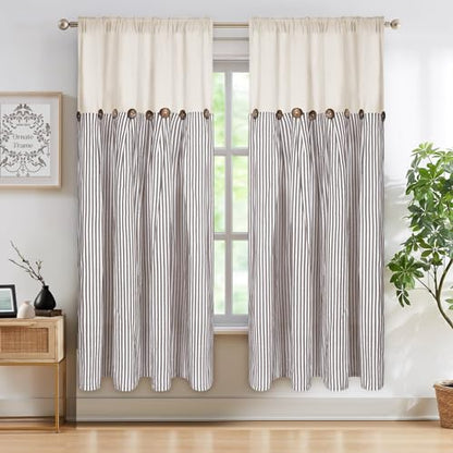 ASPMIZ Cotton Linen Farmhouse Curtains Boho Rustic Button Panel, Country Window Curtain Panels, Brown Stripe Modern Curtains for Living Room, Back Tab & Rod Pocket Curtain 52 x 63 Inch, 2 Panels - color: Beige&brown, size: 52"W x 63"L (Pack of 2)