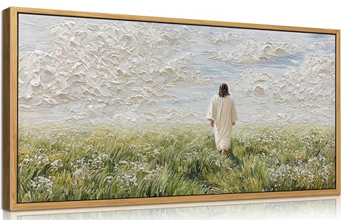 KIRFOLUC Jesus Canvas Wall Art Large Framed Textured Print Painting | Christian Cloud Sea Grassland Landscape Wall Decor Jesus Walking in Field Picture Artwork for Living Room Bedroom Prayer Room - color: Jesus, size: 32"L x 16"W