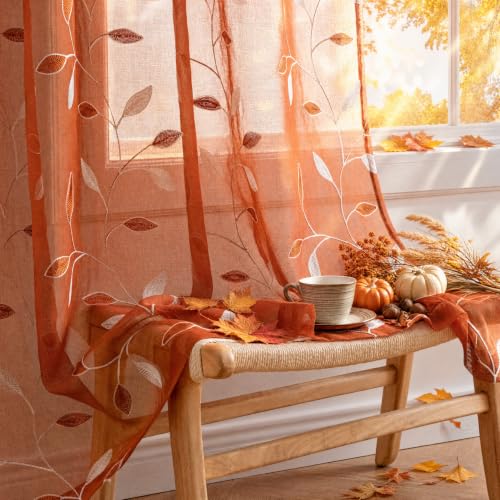MIULEE Burnt Orange Sheer Fall Curtains 2 Panels Leaf Patterned, W52 x L84 - color: Burnt Orange, size: 52"W x 84"L (Pack of 2)