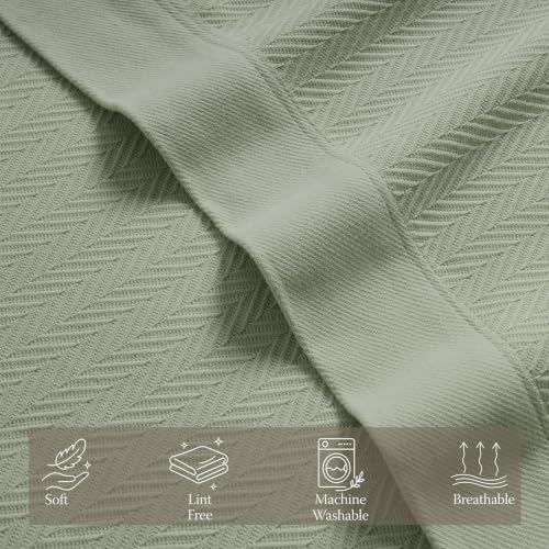 Threadmill Luxury 100% Cotton Queen Herringbone Blanket, Sage Green - color: Sage Green, size: Queen (90" x 92")