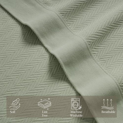 Threadmill Luxury 100% Cotton Queen Herringbone Blanket, Sage Green - color: Sage Green, size: Queen (90" x 92")