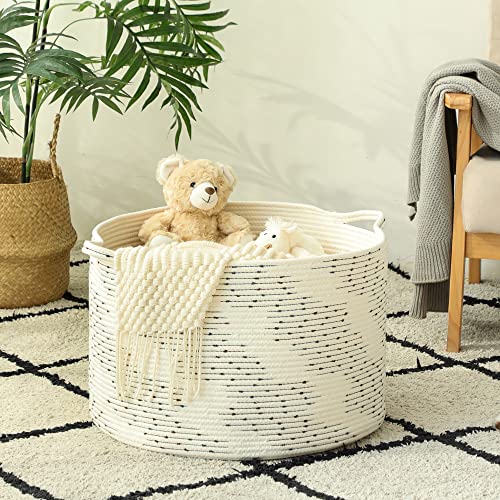 KAKAMAY Large Blanket Basket (20"x13"),Woven Baskets for storage Baby Laundry Hamper，Cotton Rope Blanket Basket for Living Room, Laundry, Nursery, Pillows, Off White with Blue & Brown Dotted Pattern - color: White Dot