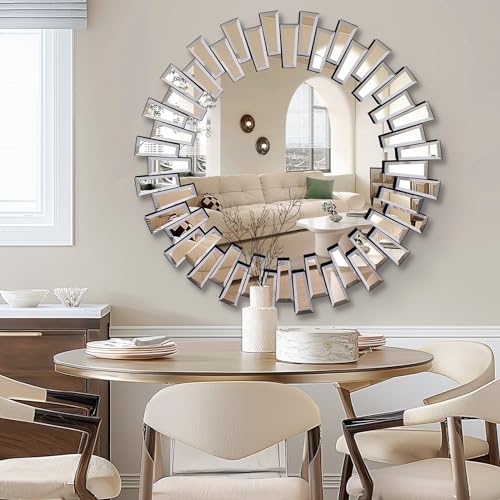 QDSSDECO 32" x32" Round Sunburst Wall Mirror, Frameless Beveled Edge - color: Round, size: 32"L x 32"W
